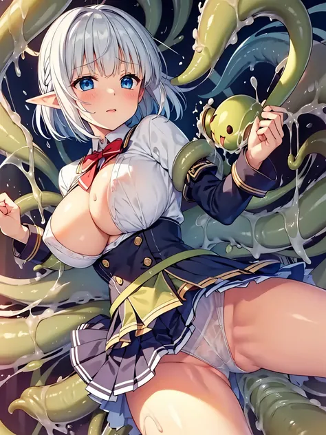  full body illustration、 Portraits、
 1 elf 、 looks like she dyed her cheeks red、Beautiful blue eyes、 silver hair、 short hair、 Big Breasts 、
Navy school uniform、 high waist pleated skirt 、 breasts against glass:1.2、The luster of satin material 、 raising han...