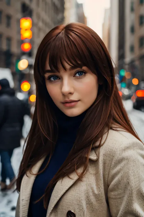 Super hot young Slavic woman with medium breast with long red hair with bangs of blue eyes, Wearing expensive cold clothes in New York