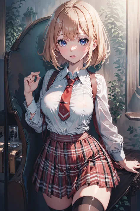 absurd, 8K, high resolution, ultra detailed, beautiful, masterpiece, best quality, (medium saggy breasts:1.2) ,amelia watson, collared shirt, red necktie, plaid skirt, thighhighs,amelia watson