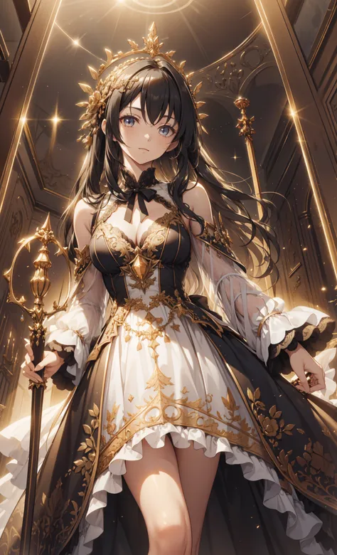 masterpiece,   Top quality,   high resolution, 1,   gorgeous gold lace ruffle dress  ,   beautiful little metal crowns ，Pleasant atmosphere, Straight Hair,  wearing a black ribbon on their heads ,  with a scepter ，