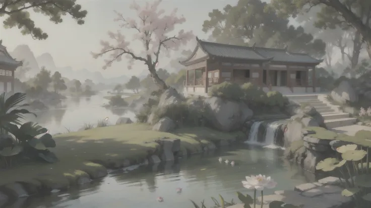 ((Best quality, masterpiece: 1.2)), CG, 8K, intricate details, cinematic perspective, (no one around), (Ancient Chinese garden), pond filled with lotus flowers, rocks, flowers, bamboo forests, waterfalls, wooded areas, small bridges spanning babbling strea...