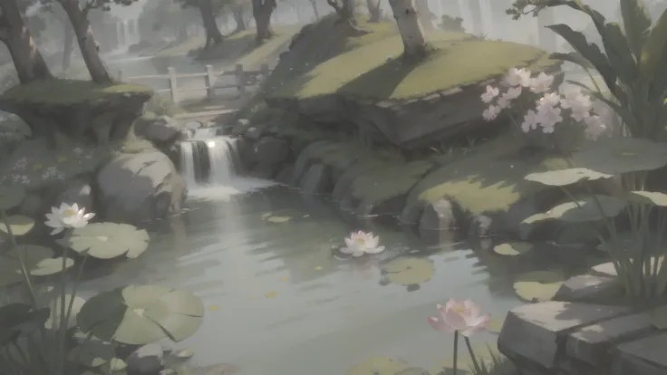 ((Best quality, masterpiece: 1.2)), CG, 8K, intricate details, cinematic perspective, (no one around), (Ancient Chinese garden), pond filled with lotus flowers, rocks, flowers, bamboo forests, waterfalls, wooded areas, small bridges spanning babbling strea...