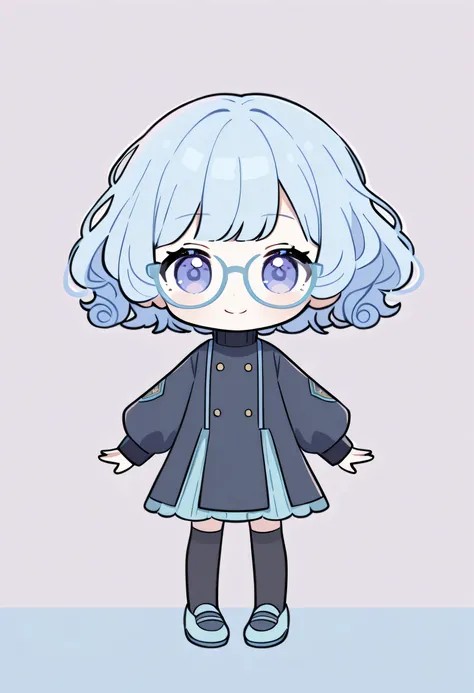  1 girl in uniform, Chibi,  pastel colors, smile、 blue hair,  short hair , Curly hair,  black turtleneck 、 Long Sleeve 、Glasses、Stand upright and face the front　shoes　Stylish　 dress