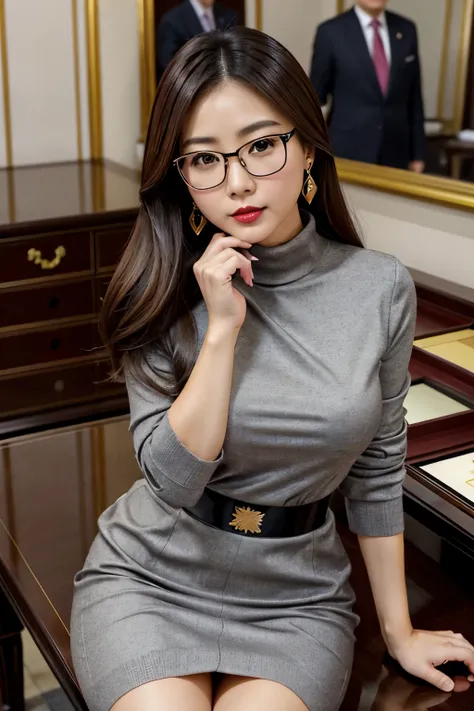 支配的で傲慢な若い Japanese の女性経営者（ Japanese 、Incredibly wealthy、 Female Adult）、 wear gorgeous ornaments（Cartier Luxury Watches、 big earrings）、 wearing glasses （ pink gold thin frame 、Close to round shape ）scold subordinates for their mistakes、、Arrogant look（anger、...