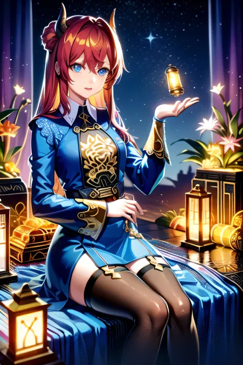 (( top quality)), Golden Land ,Blue rhino, Lantern, red hair,, long,gloss, lotus,