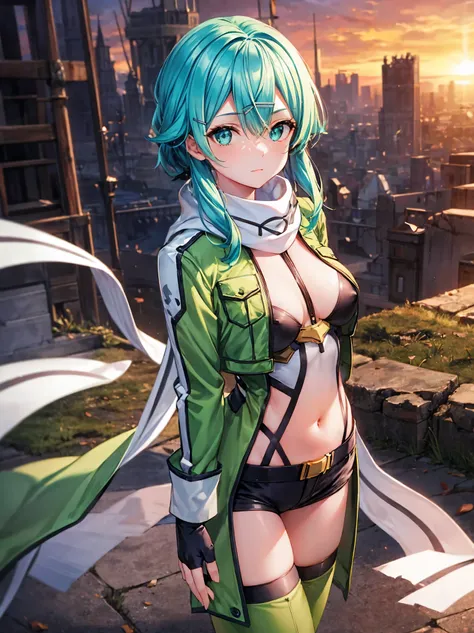 masterpiece, best quality, integrated scenery, integrated background, extremely delicate and beautiful, meticulous details, good composition, , cute face, perfect face, perfect hands, best quality, expressive eyes, perfect face, highres, sinon1, scarf, fin...