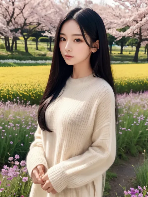  top quality　 Details　masterpiece　 The most beautiful woman in Japan 　 long black hair　 cashmere sweater 　The background is a flower field　Photo style　Artistic　 fantasy