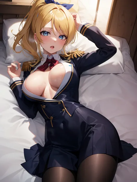 eliayase, eli ayase, yellow hair, blue eyes, ponytail, hair ribbon, medium breast,
BREAK (pantyhose, uniform, military, military uniform, epaulettes, high collar:1,2),
BREAK  Trouble,View,Bedroom in a Japanese inn、Excessive ,Pushed down on the futon、On the...