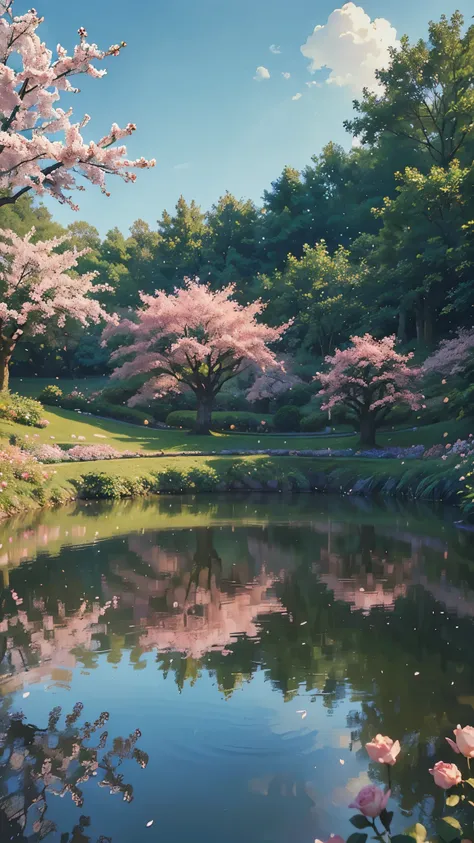 (Illustration:1.3), (secret garden), lush, floral, rose, (cherry blossom trees,botanical), summer morning (light blue)sky, floating cloud, sunlight reflecting on flours and small water river which is flowing through the garden (realistic:1.5), (good shadin...