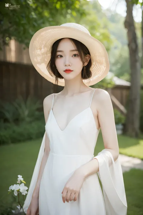 arafed woman in a white hat and dress with a red lip, pale porcelain white skin, guweiz, guweiz masterpiece, artwork in the style of guweiz, soft portrait shot 8 k, pale young ghost girl, porcelain white skin, by Russell Dongjun Lu, pale milky white porcel...