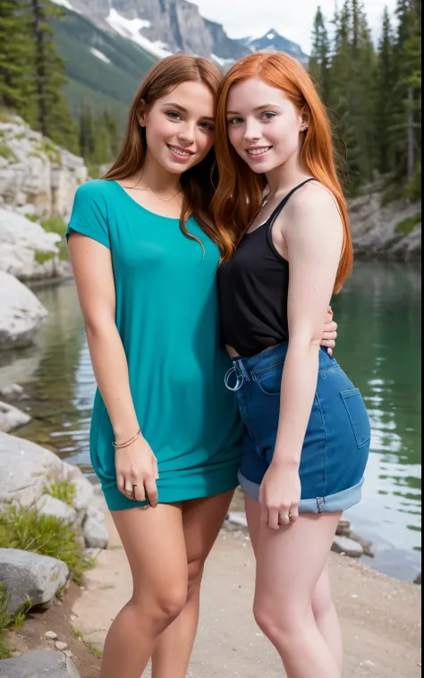 Some are outdoorsily dressed, (high saturation:1.0), (best quality:1.0), (ultra highres:1.0), their figures have normal proportions, (photo realistic:1.0), (ultra detailed:1.0), 8k, Two young women with a youthful beauty, posing varied garments, some of th...