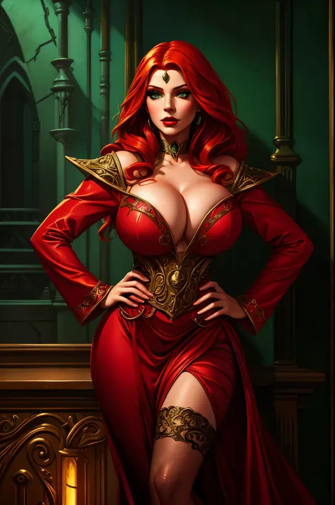 sorceress, cleavage, red hair, green eyes, detailed makeup, red lips, fantasy, female portrait, oil painting, dramatic lighting, dramatic pose, cinematic, hyperrealistic, photorealistic, 8k, high quality, masterpiece, intricate details, vibrant colors, dra...