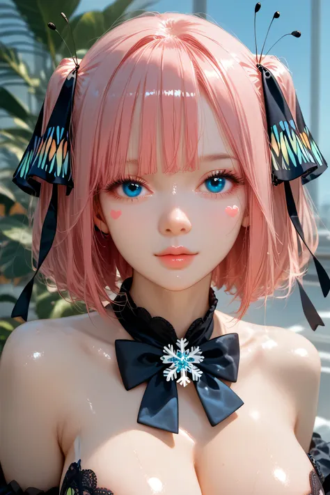 ( masterpiece ,  best quality ), 1 girl, Shiny,2d, beautiful face,(short hair deep pink color ),( long hair deep pink color )( intense pink hair butterfly hair ornament),(strong blue eyes),pesones with cold , HIGH QUALITY, ultra detailed , Very large breas...