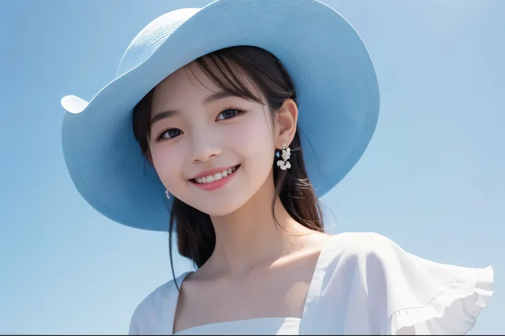  top quality　 Details　masterpiece　 A super cute girl is smiling, wearing a stylish white hat, and tilting her neck slightly　The background is a light blue sky 　Whitish 　White World　Photo style　Artistic　 imaginary　 fantasy　 dramatic production 