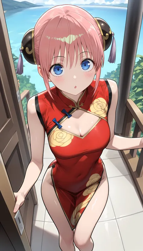 (masterpiece,best quality:1.2,amazing quality,very aesthetic,absurdres,newest),official anime style,daytime, Edo Streetscape 、,(Kagura,Gintama),(adult),(very small head:1.2),pink hair,bangs,gorgeous eyes,blush,(ideal ratio body proportions:1.2,slen der bod...