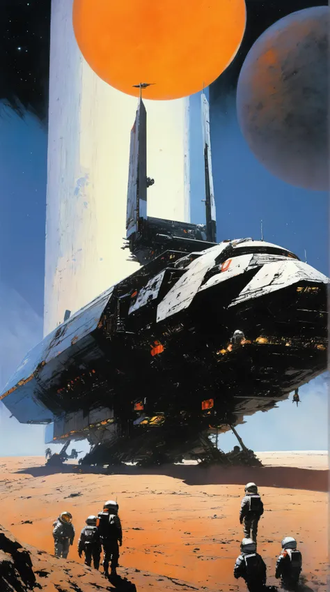 Masterpiece, highest quality, very detailed, absolute resolution, high resolution, highest quality, 8K, John Harris Style - Moon walk John Berkey huge space ships in the distance