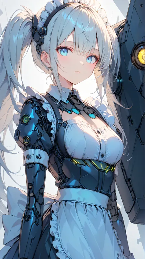 masterpiece,top quality, high definition ,Ultra-Definition Illustration, Detailed Background , detailed skin, detailed face , detailed eyes on board, sci-fi , Cyberpunk, 1 girl in uniform, cyborg, small breasts,(expressionless:1.2),(Maid:1.6),(Maid Apron:1...