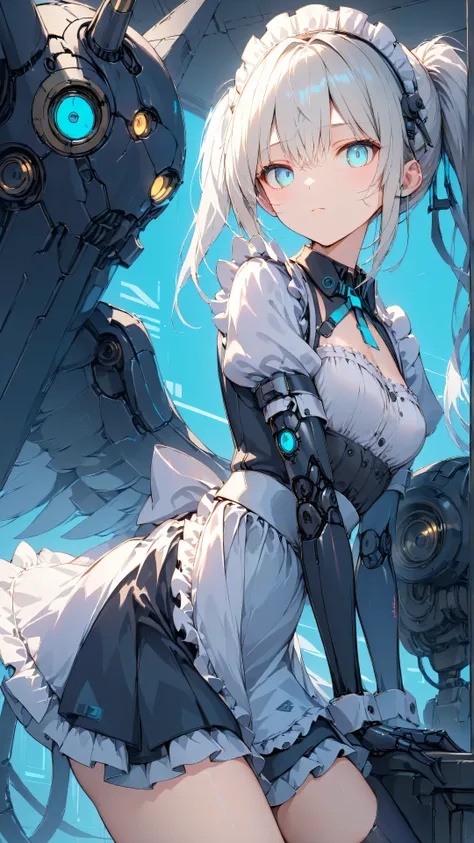 masterpiece,top quality, high definition ,Ultra-Definition Illustration, Detailed Background , detailed skin, detailed face , detailed eyes on board, sci-fi , Cyberpunk, 1 girl in uniform, cyborg, small breasts,(expressionless:1.2),(Maid:1.6),(Maid Apron:1...