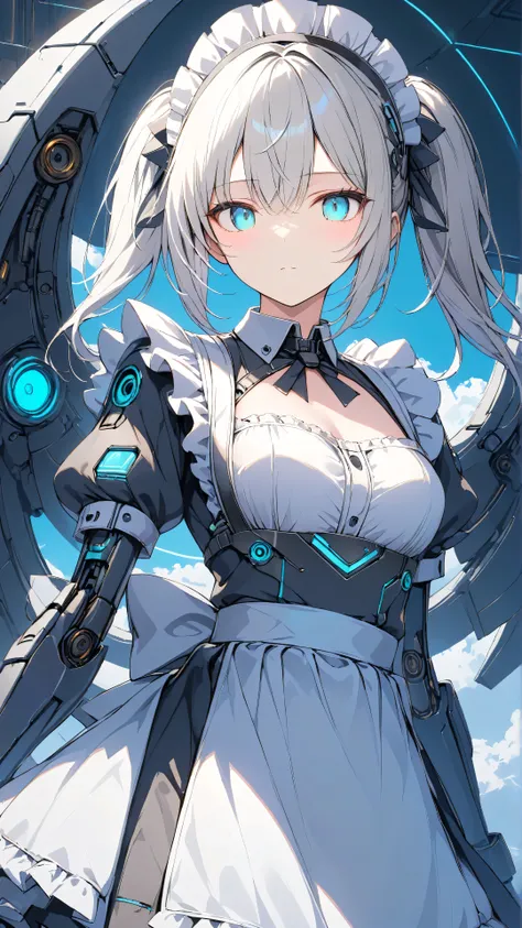 masterpiece,top quality, high definition ,Ultra-Definition Illustration, Detailed Background , detailed skin, detailed face , detailed eyes on board, sci-fi , Cyberpunk, 1 girl in uniform, cyborg, small breasts,(expressionless:1.2),(Maid:1.6),(Maid Apron:1...