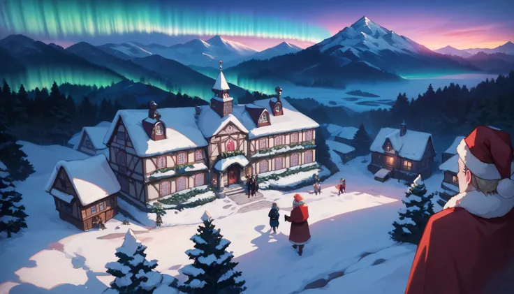 Santa Claus village, night, aurora in the sky, snow, winter, mountain, forest, multiple houses, from above, from afar