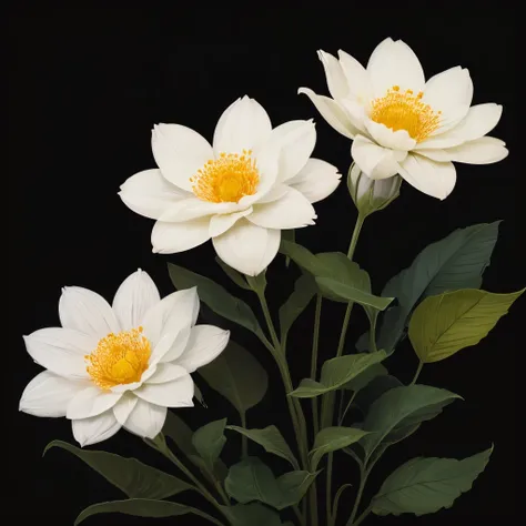 painting of three white flowers with orange petals on a black background, beautiful!!! digital art, beautiful detail and color, orange flowers, elegant flowers, beautiful flowers, glowing flowers, beautiful gorgeous digital art, wow it is beautiful, beauti...