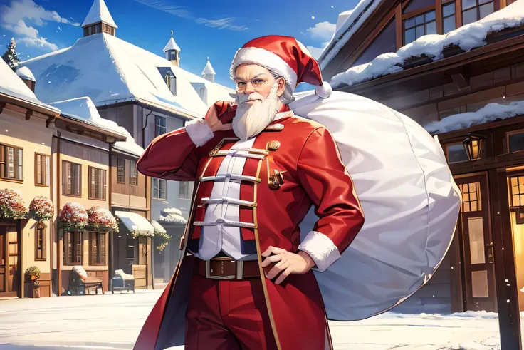 santa claus stading in the entrance of a villiage, many giftboxes place beside, smiling