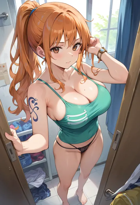 
score_9, score_8_up, score_7_up, score_6_up, score_5_up, score_4_up, BREAK source_anime, indoor, change room, changing room, nami_post, orange hair, long hair, ponytail, side locks, brown eyes, large breasts, cleavage, black camisole, black thong, thick l...