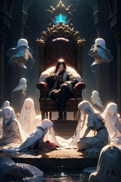 The prince holding his head 、 and is a bunch of ghosts 。Renaissance period、 sitting on a majestic throne 、Hanging head。front。 wearing a beautiful fur coat {x} countless hands stretching around his bottom。 who came out of hell 。 has a large jellyfish behind...