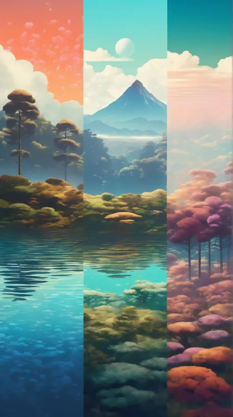 Vertical Landscapes - minimalist psychedelic nature collage art, clear, clean, high resolution, detailed, trending on artstation, Hiroshi Yoshida and Sylvain Sarrailh and N.C. Wyeth and Alena Aenami style