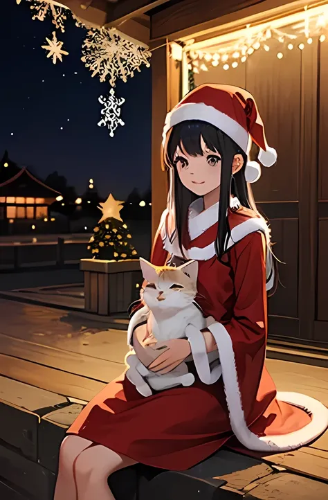 ((Petting a cat))、  Japanese、woman、18 years old、  very slender 、 ( Christmas costume)、(( christmas lights))、 smile、 Thin legs