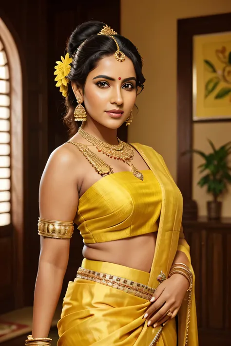 "Create a portrait of a bold and confident Govinda, with a curvy figure, a woman in a yellow sari is looking at the camera, very beautiful enga style, traditional beauty, pink and yellow, traditional, adorned with precious stones, full of colors and rich d...