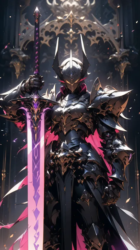 arafed knight standing in a dark room with a sword, burnt armor, purple fire color reflected armor, steampunk bioarmor, whitewood forest themed armor, demonic dragon inspired armor, corrupted armor, gothic armor, purple and white color armor, cyberpunk fla...