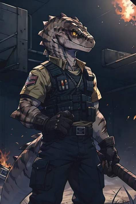 Boy, solo, raptor, young face, yellow eyes, raptor tail, tactical shirt, tactical vest, tactical gloves, fire axe in hands, tactical pants, apocalypse background