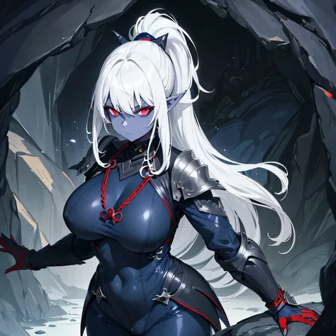 mature dark elf woman, (white hair, ponytail with bangs hairstyle, red eyes, navy blue skin, pointy ears), (navy blue skin:1.4), wearing brown leather armor, voluptuous figure, stern expression, (in underground cave)