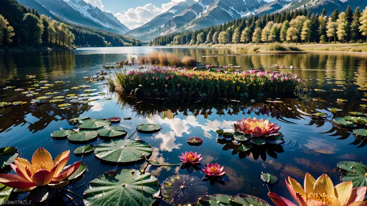 (create an ultra-high definition, hyper-realistic, highly detailed, high-quality image, sharp focus, professional lighting, vivid colors, warm tones and intricate details), (representing in detail a Beautiful Lake with high mountains, water lilies, colorfu...