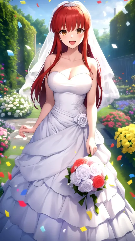 masterpiece, best quality, highres, girl, solo, looking at viewer, Shirou Emiya, Red hair, Brown Eyes, large breasts, wedding dress, standing, garden, confetti, holding bouquet, smile, open mouth,
