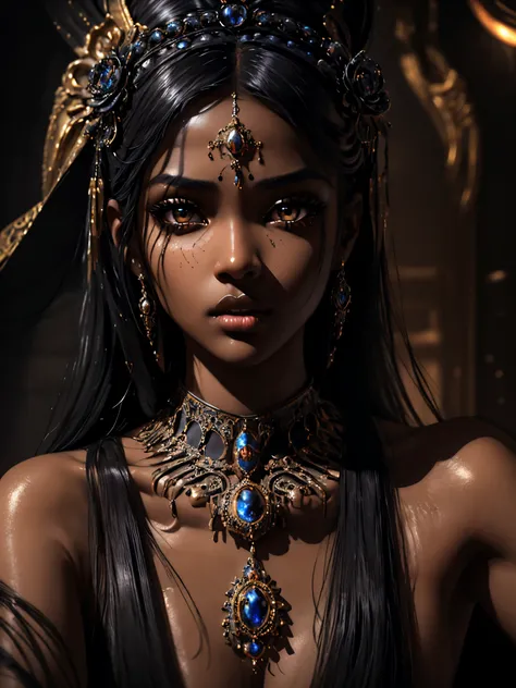 (masterpiece, best quality), deep ebony 1girl, beautiful detailed eyes, beautiful detailed lips, extremely detailed face and portrait, long eyelashes, flowing black hair, intricate jewelry, elegant ornate dress, dramatic lighting, cinematic composition, ch...