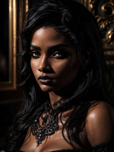 (masterpiece, best quality), deep ebony 1girl, beautiful detailed eyes, beautiful detailed lips, extremely detailed face and portrait, long eyelashes, flowing black hair, intricate jewelry, elegant ornate dress, dramatic lighting, cinematic composition, ch...