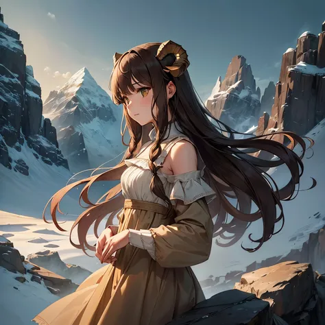 "A girl inspired by the Capricorn zodiac sign, designed as a personification of the mountain goat. She has long brown hair styled into a loose, elegant braid, and wears a simple dress in earthy tones of brown and green, reminiscent of mountain landscapes. ...