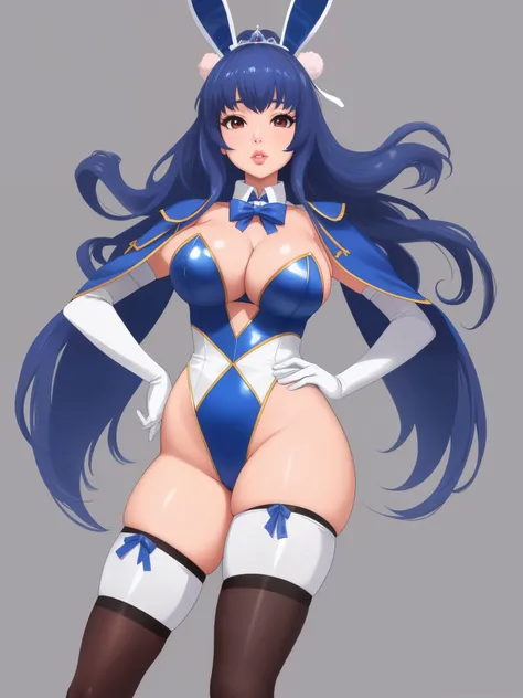 extremely high-quality art, masterpiece, sharp focus, clean details, (simple background), 8k, standing pose, sexy princess, big lips, slutty bunny girl outfit, deep cleavage, big boobs, thigh-highs, blue color scheme