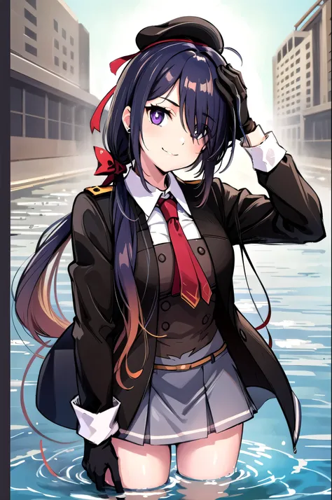 (  Masterpiece ,  top quality:1.2),  cowboy shot, Alone,  1 girl in uniform, Ariake , smile,  watching viewers,  playing in the water, hair over one eye,  Low Ponytail, beret,  jacket,  shirt,  red tie,  gray skirt ,  black gloves 