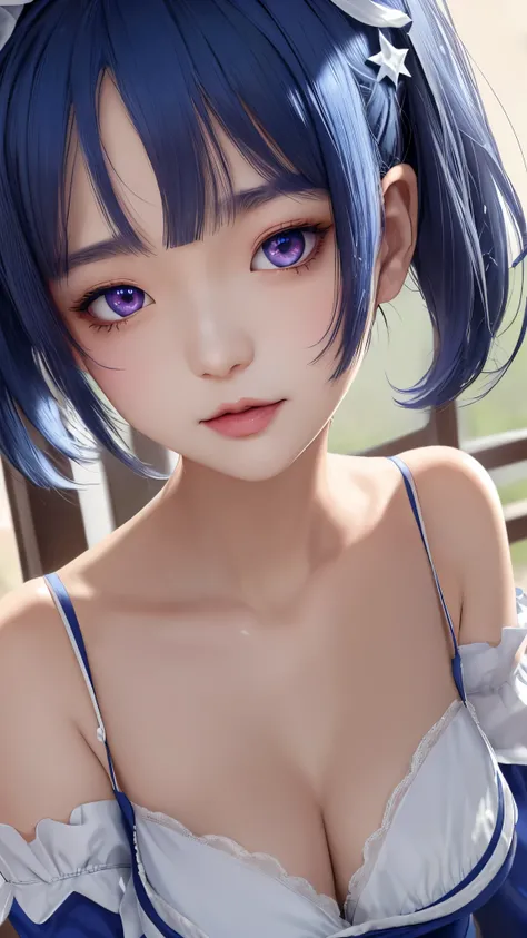 (masterpiece, best quality;1.3), ultra detailed, ooking at viewer, 
rem_re_zero, Facial close-up,blue hair, short hair, maid uniform, hair ornament, cleavage, maid headdress, detached sleeves, ribbon star-shaped pupils