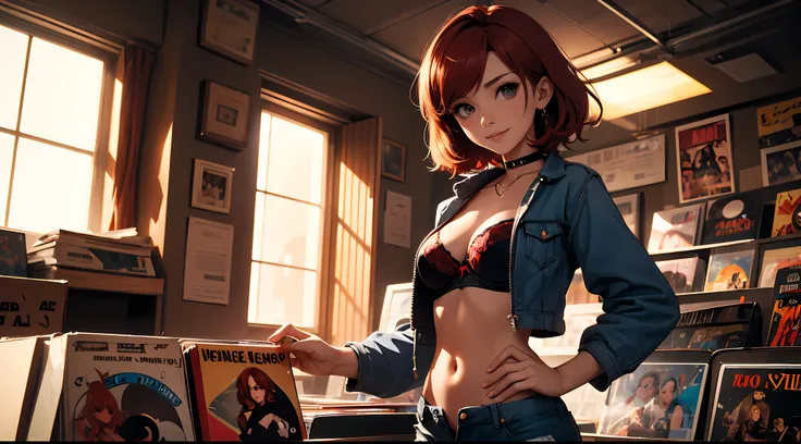 21 year old girl, 
short red hair, big eyes, sweet smile, small breasts, thin hips,
choker, black unzipped unbuttoned jacket, blue bra, cleavage, jean shorts,
record store, vinyl,
open door, open window, 
dramatic lighting, cinematic lighting, 