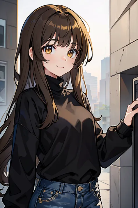 1girl, medium build, smiling, light brown hair, blunt bangs, long hair, gold eyes, black turtleneck, baggy jeans, Modern, (((contemporary))), close up,