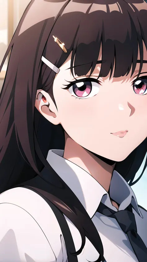 full body, school uniform, red tie, white shirt, blue sweater vest, pleated skirt, hair clip, hair ornament, red eyes:1.5, bangs, black hair, long hair,1 girl, 18yo, young female, beautiful finger, Beautiful long legs, Beautiful body, Beautiful Nose, Beaut...