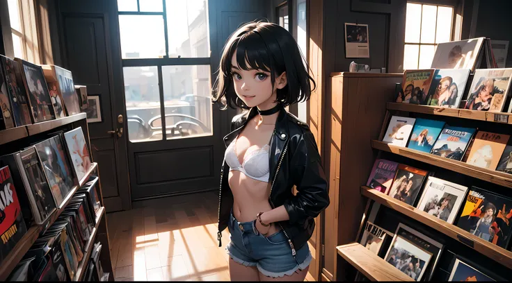 21 year old girl, 
short black hair, big eyes, sweet smile, small breasts, thin hips,
choker, black unzipped unbuttoned jacket, white bra, jean shorts,
record store, vinyl,
open door, open window, 
dramatic lighting, cinematic lighting, 