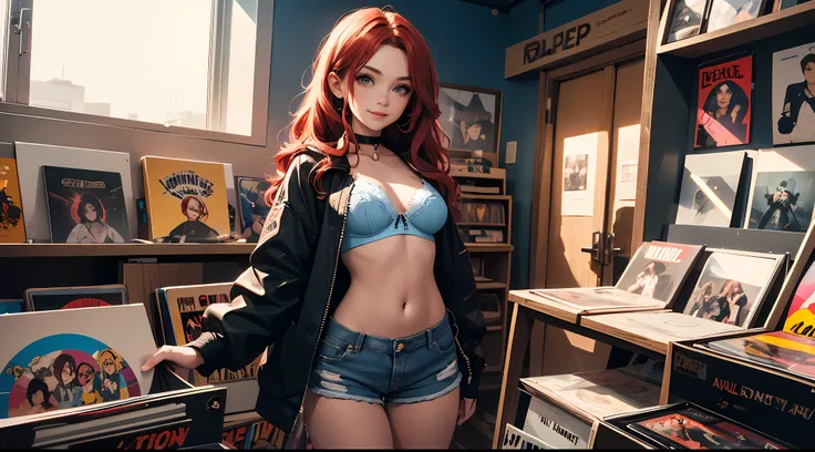 21 year old girl, 
long red hair, big eyes, sweet smile, small breasts, thin hips,
choker, black unzipped unbuttoned jacket, blue bra, jean shorts,
record store, records, vinyl,
open door, open window, 
dramatic lighting, cinematic lighting, 