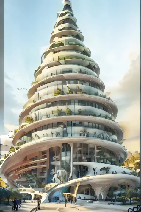 building by Zaha Hadid, blue sky, Realistic, people on walkways, gardens, green areas, people all around plaza, people walking, flawless, by syd mead