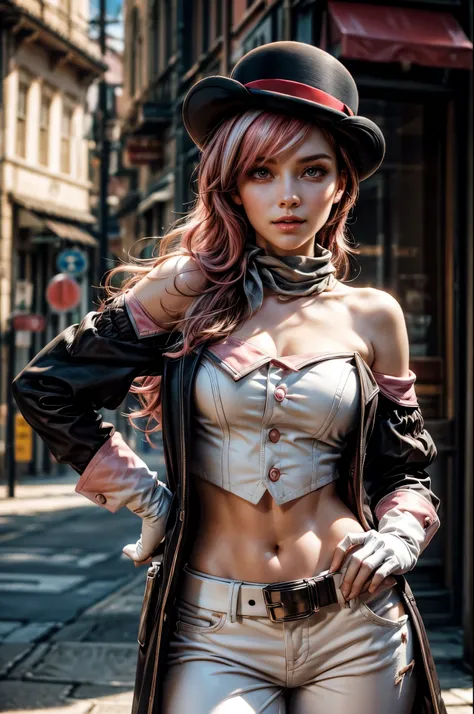 pink and brown hair, multicolored hair, neopolitanatlas, bowler hat, grey scarf, white gloves, white shirt, off-shoulder shirt, black sleeves, midriff, white belt, white pants, smile, sunny day, standing on street in futuristic city, cowboy shot, masterpie...