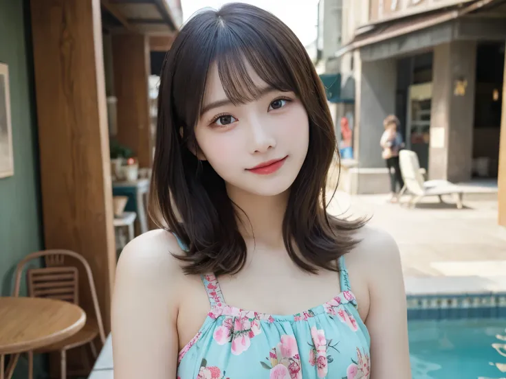 ((Showa-era (1960s) idols.)),(floral swimming swimsuit),(table top)((vintage feel)),A highly detailed, ultra-realistic, 8K RAW photo, top-quality masterpiece of a young Japanese woman reminiscent of Showa-era (1960s) idols. , pastel-colored fashion, soft a...